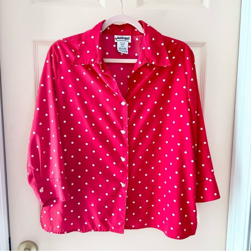 Red polka dot national button up